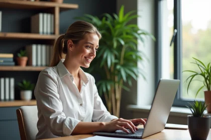 Femme au bureau moderne en train de mettre &agrave; jour son profil