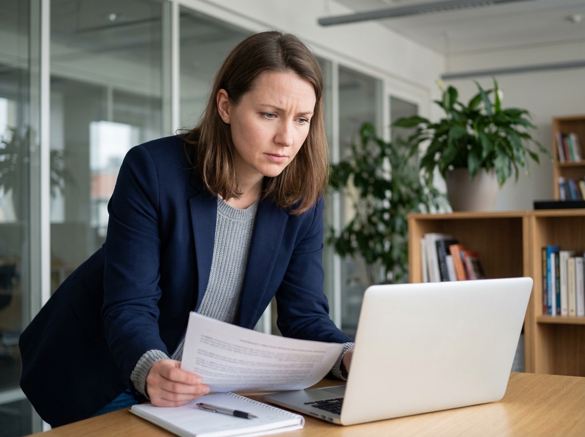 Femme en bureau moderne avec ordinateur et documents