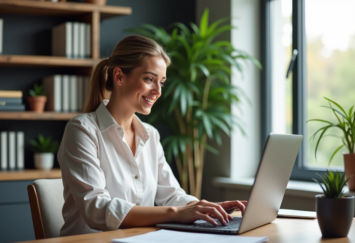 Jeune femme en bureau moderne avec documents et ordinateur