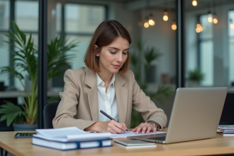 Femme d affaires concentrée à son bureau moderne