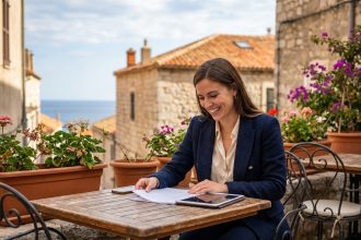 Femme souriante dans un café méditerranéen près de Cannes