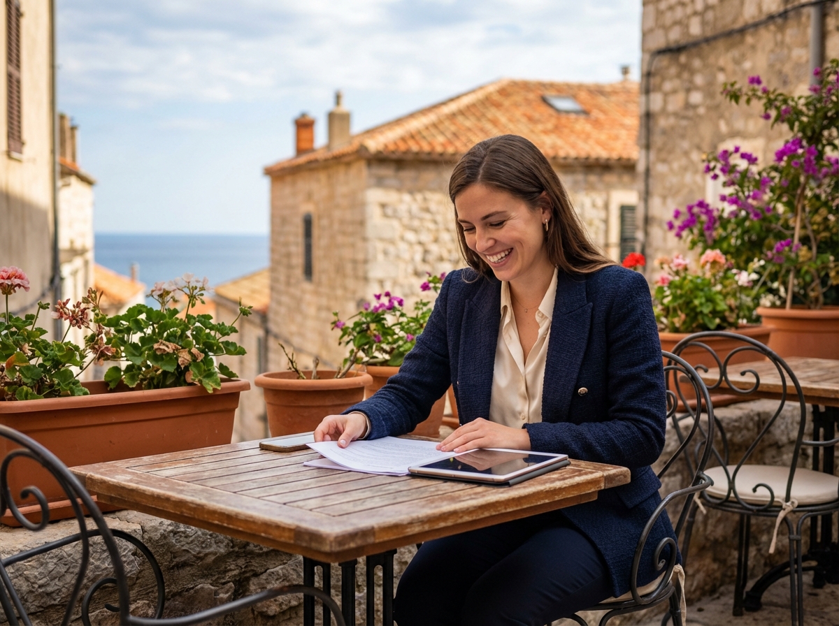 Femme souriante dans un café méditerranéen près de Cannes