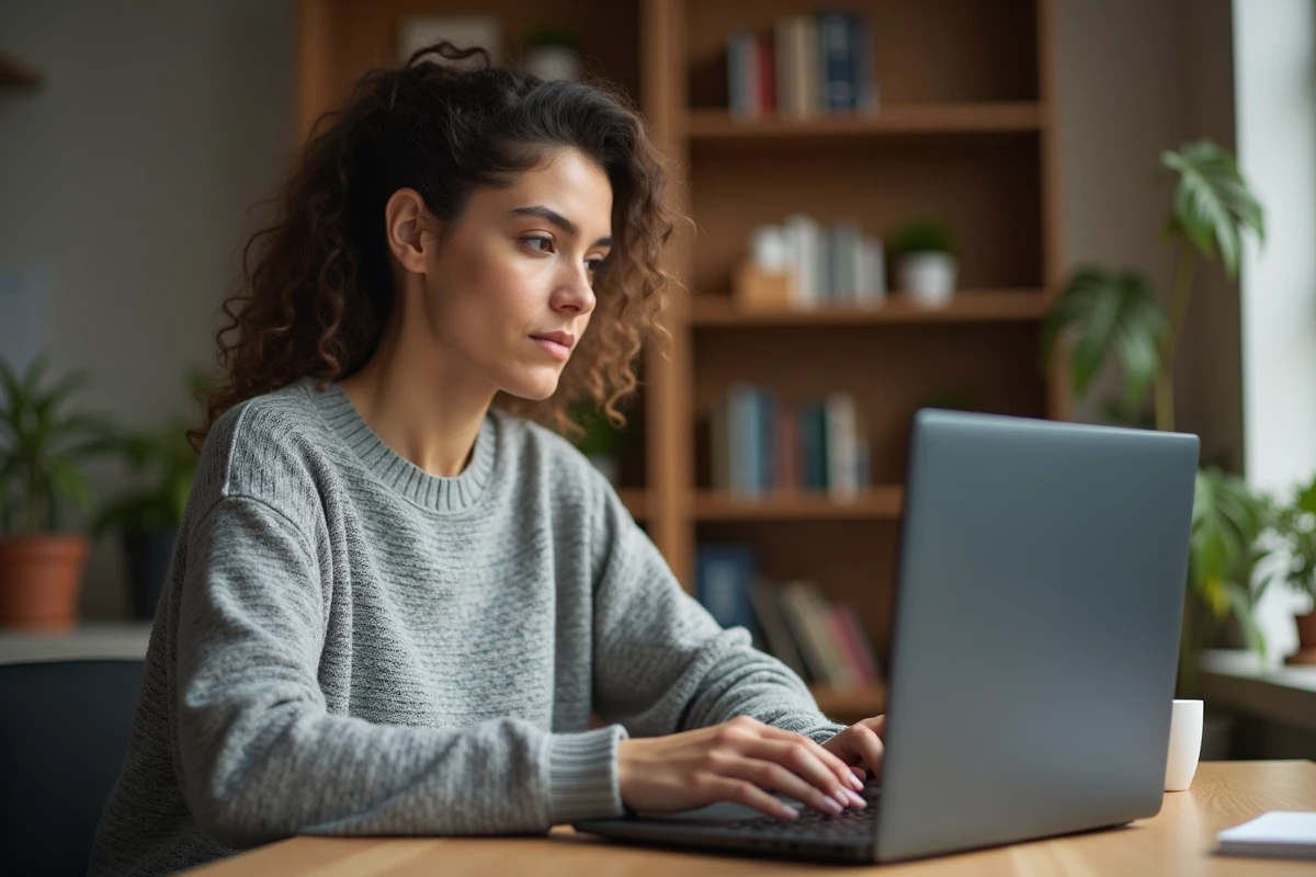 Femme concentrée tapant sur un ordinateur portable avec un écran de connexion sécurisé dans un bureau à domicile moderne