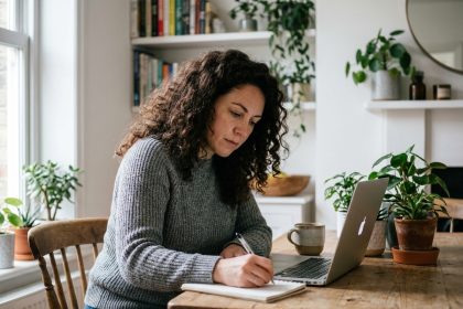 Femme assise à la maison prenant des notes sur son ordinateur