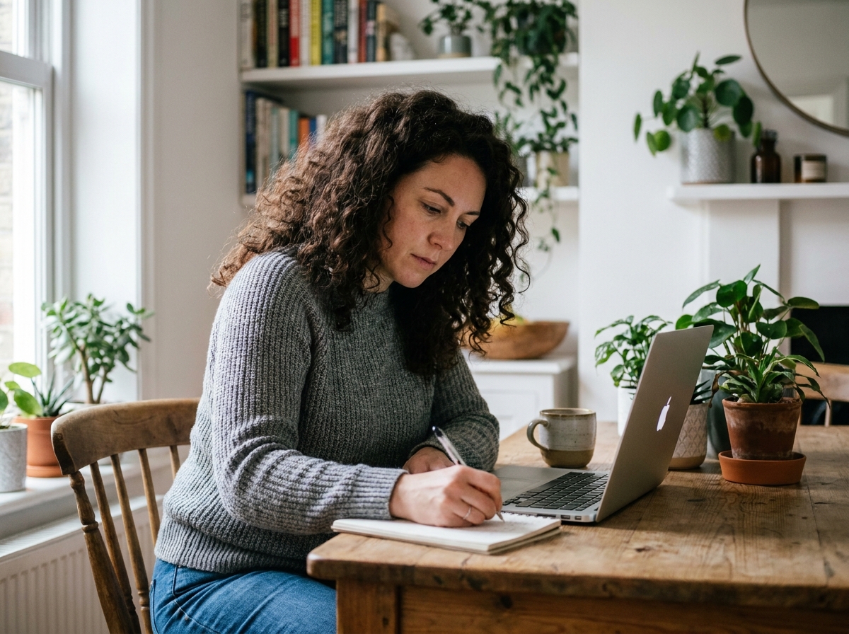 Femme assise à la maison prenant des notes sur son ordinateur