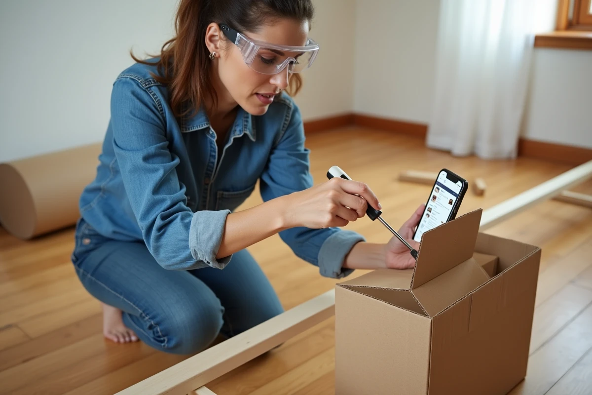 Femme débutante assemblant un meuble en kit sur le sol d'un salon en suivant un tutoriel sur smartphone