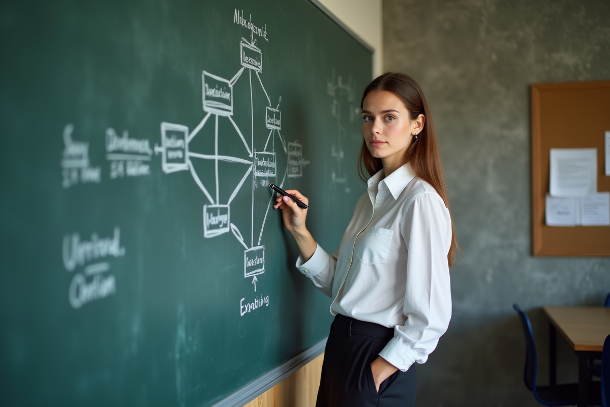 Jeune femme dessinant un arbre de décision au tableau
