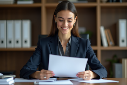 Femme confiante en costume bleu examinant un diplôme d'expertcomptable