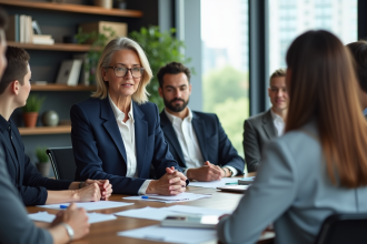 Femme d'affaires en réunion avec équipe diversifiée