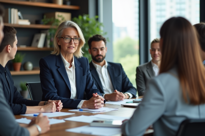 Femme d'affaires en réunion avec équipe diversifiée