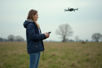 Femme en plein contrôle d'un drone dans un champ