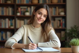 Jeune femme écrivant des verbes du premier groupe dans un cahier sur un bureau en bois, ambiance studieuse à domicile