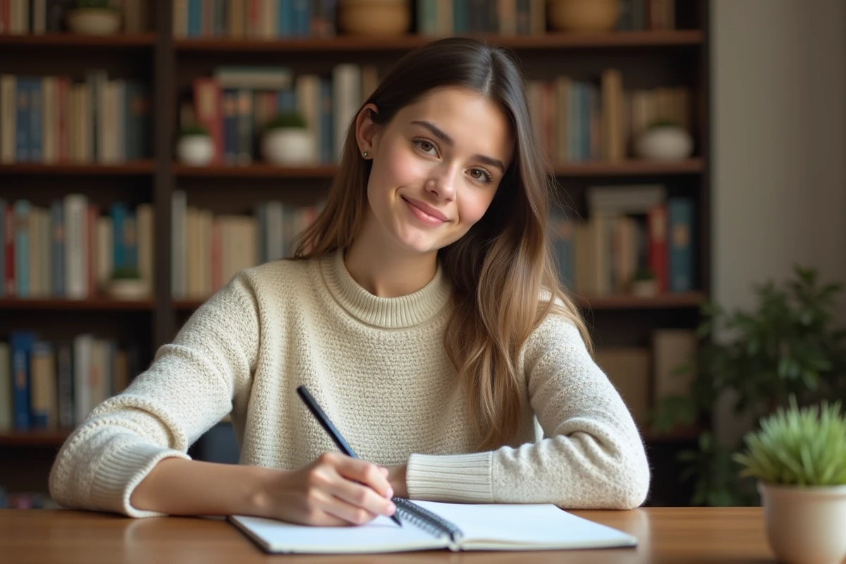 Jeune femme écrivant des verbes du premier groupe dans un cahier sur un bureau en bois, ambiance studieuse à domicile