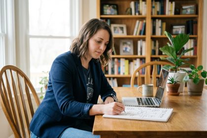 Jeune femme en bureau moderne esquissant une mind map