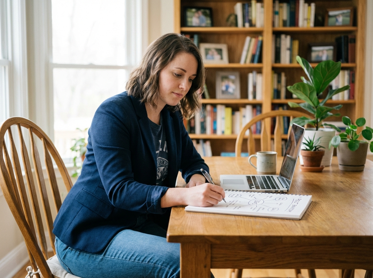 Jeune femme en bureau moderne esquissant une mind map
