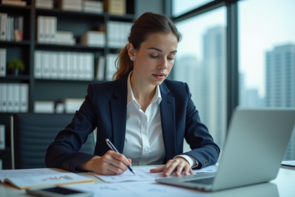 Jeune femme analysant des graphiques financiers au bureau