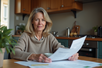 Femme française d'âge moyen examine des documents à la maison