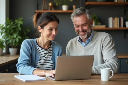 Couple d'adultes utilisant un ordinateur dans une cuisine moderne