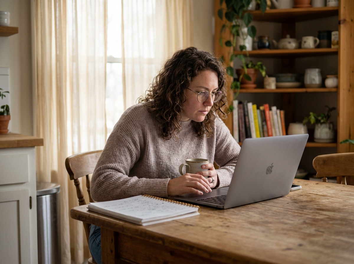 Femme concentrée sur son ordinateur dans la cuisine