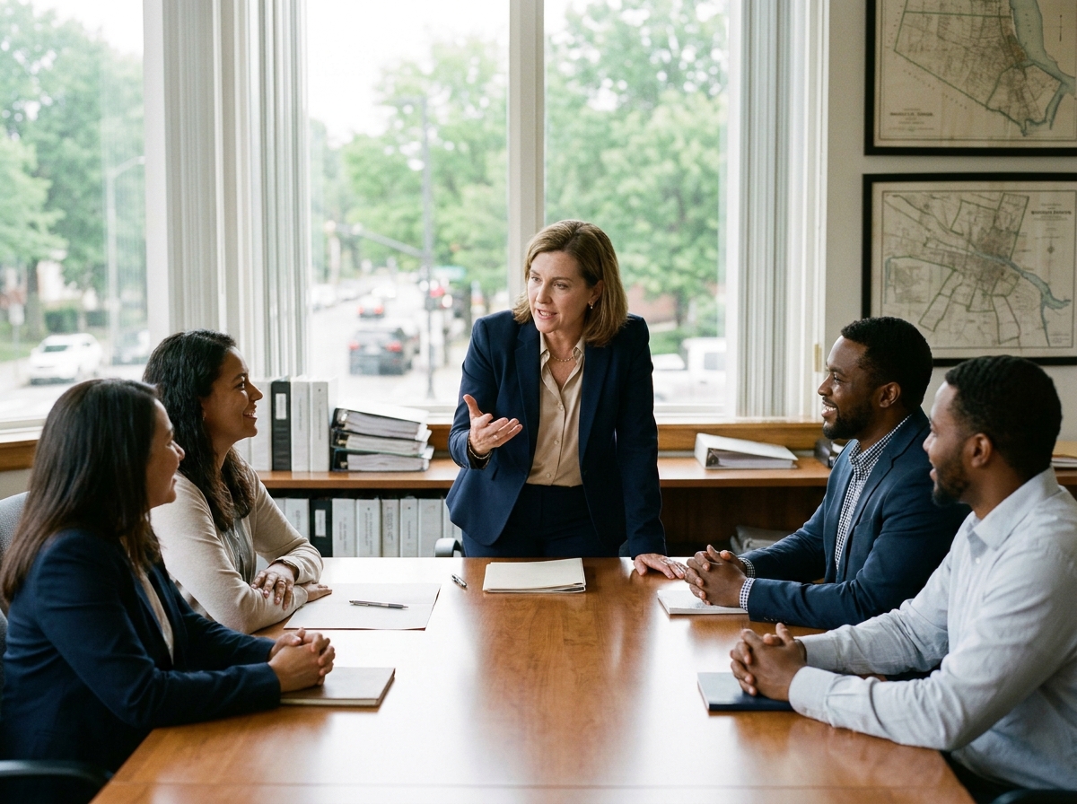 Femme en blazer navy dirigeant une réunion de travail