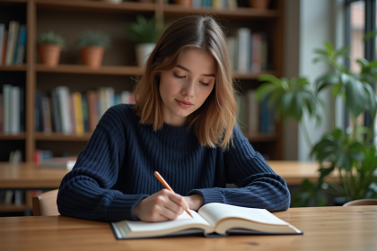 Jeune femme lisant un livre dans une bibliothèque moderne