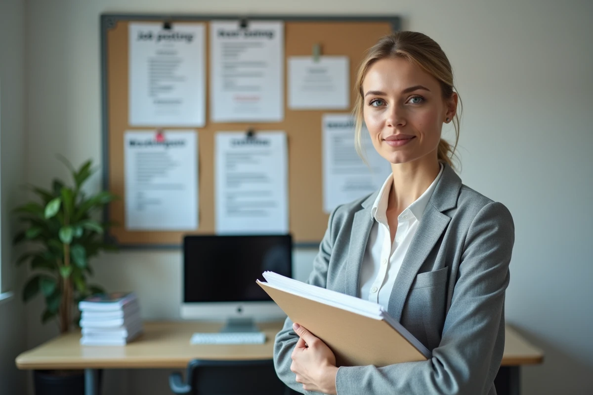 Femme migrante tenant un dossier administratif devant un tableau d'offres d'emploi dans un bureau d'accompagnement à l'insertion professionnelle