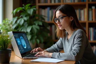 Femme concentrée utilisant un simulateur de memoire digitale