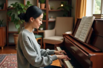 Femme adulte jouant ses premiers morceaux au piano droit dans un salon chaleureux avec partitions