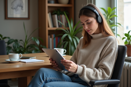 Jeune femme fran&ccedil;aise &eacute;coutant un podcast &agrave; la maison