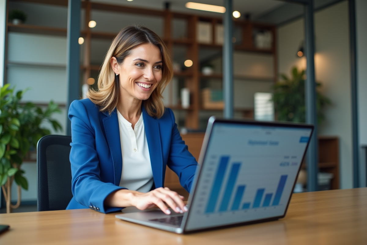 Femme professionnelle présentant un rapport digital dans un bureau moderne