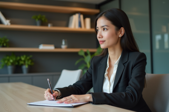 Femme en costume dans un bureau moderne attentive