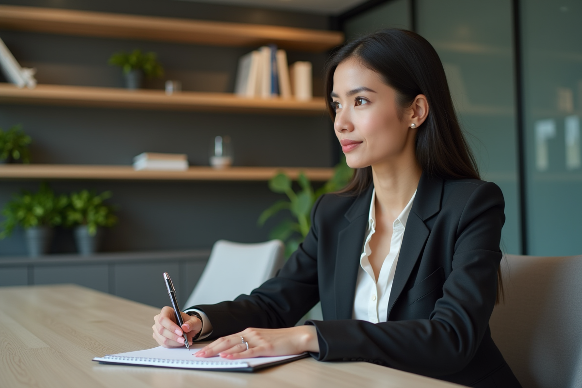 Femme en costume dans un bureau moderne attentive