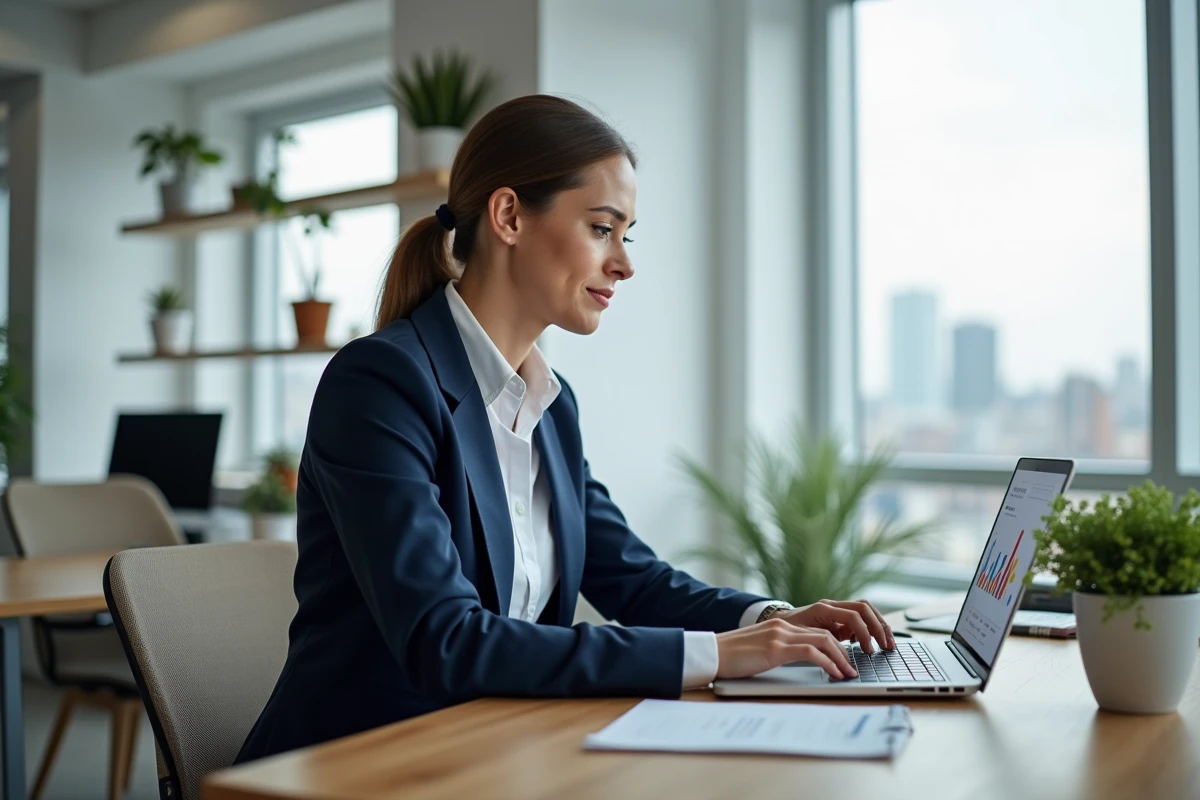 Femme professionnelle analysant une campagne d'emailing pour formations en ligne sur un tableau de bord marketing