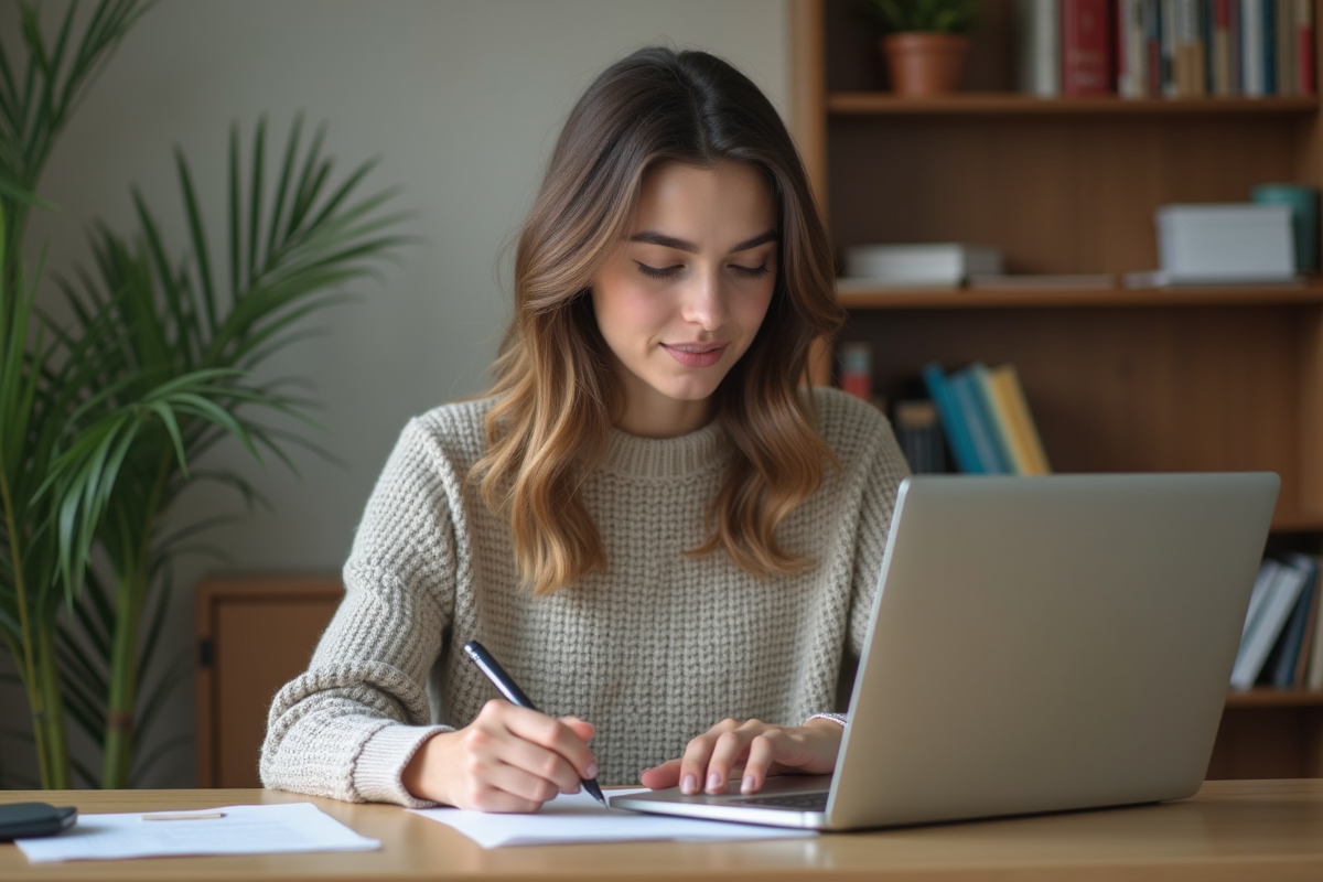 Jeune femme remplissant un formulaire sur son ordinateur
