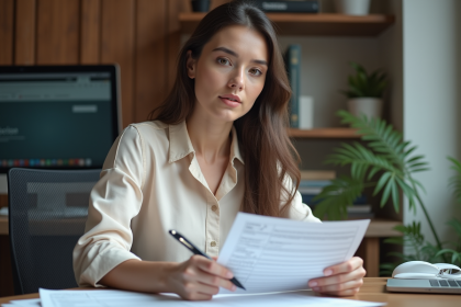 Femme en blouse et jeans remplissant des formulaires d emploi