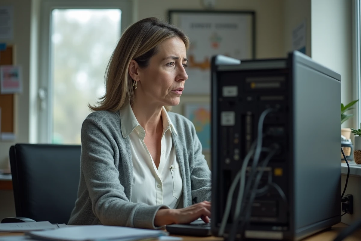 Femme inspectant un ordinateur avec c&acirc;bles ouverts
