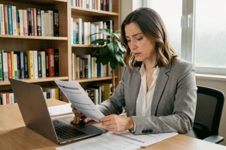 Femme active révisant des exercices TOEIC sur son bureau à domicile après le travail, plan d'étude pour salariés