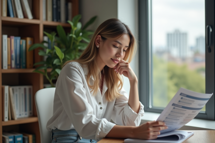 Jeune femme en bureau &agrave; la maison avec brochures de formation