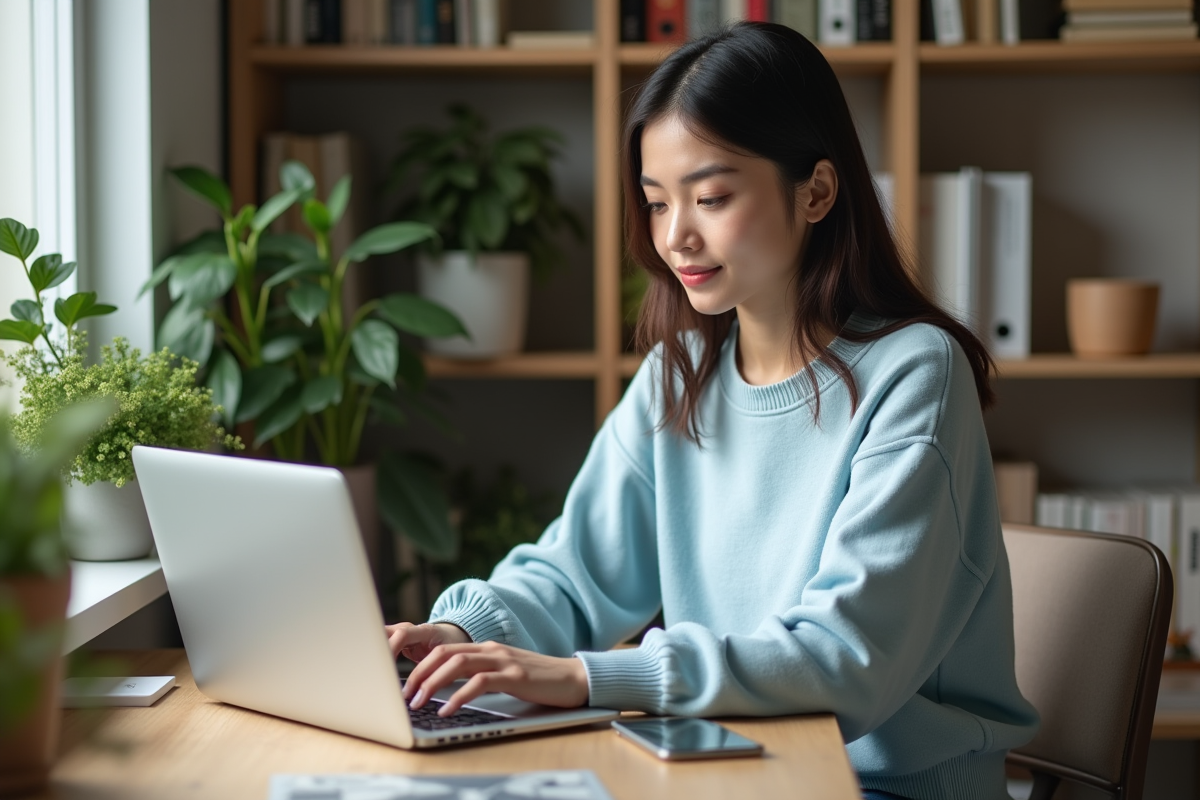 Jeune femme travaillant sur son ordinateur à la maison