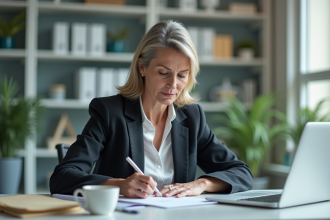 Femme en tenue professionnelle travaillant à un bureau organisé