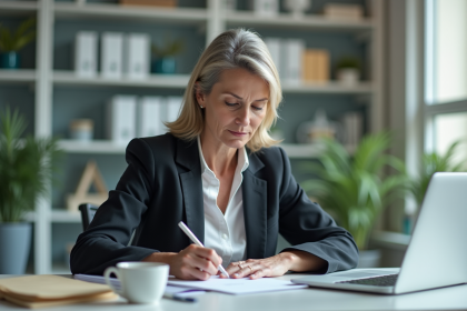 Femme en tenue professionnelle travaillant à un bureau organisé