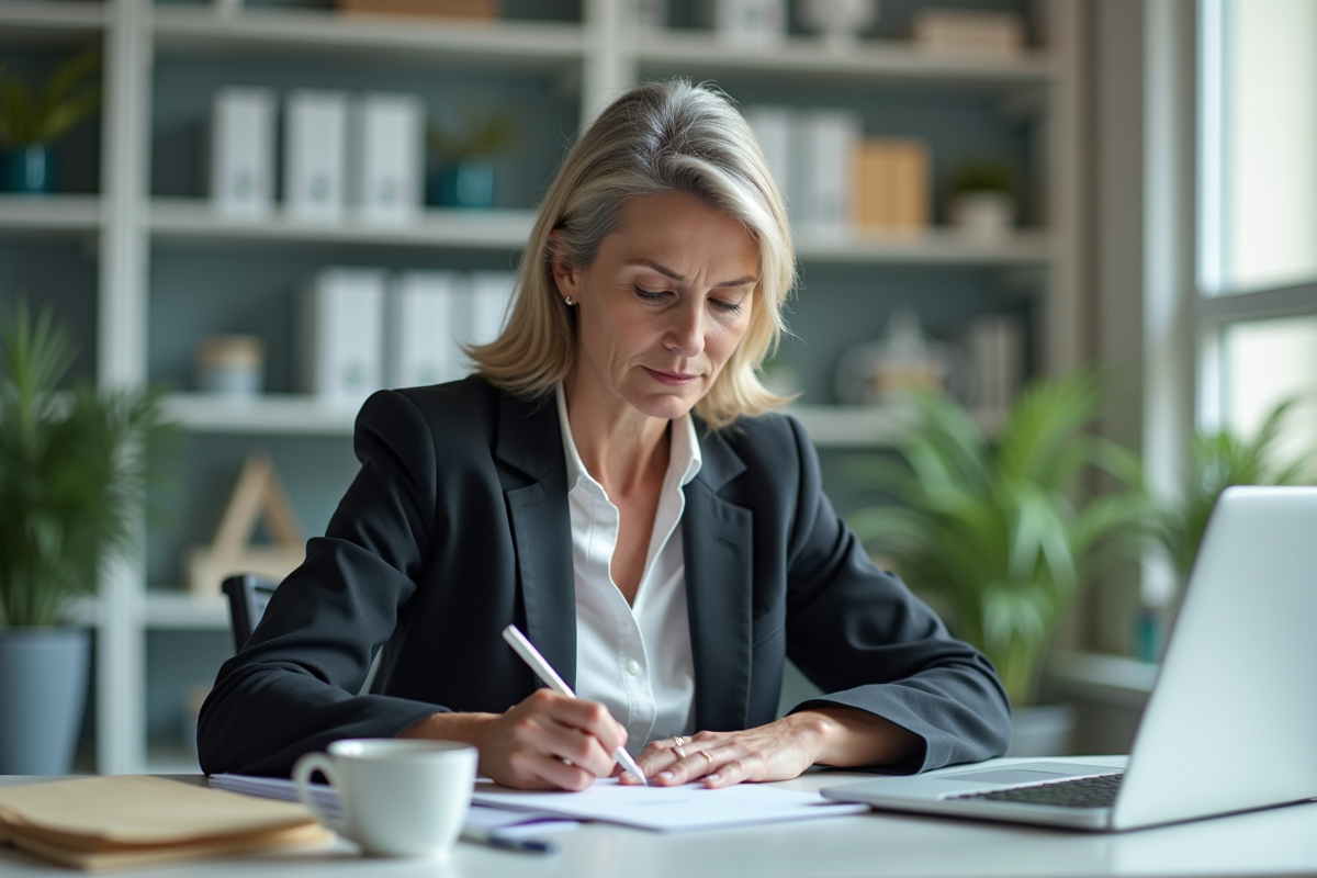Femme en tenue professionnelle travaillant à un bureau organisé