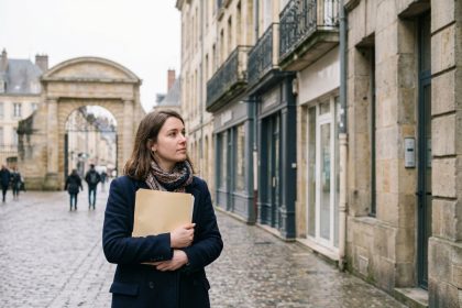 Jeune femme en blazer dans une rue de Charleville Mézières