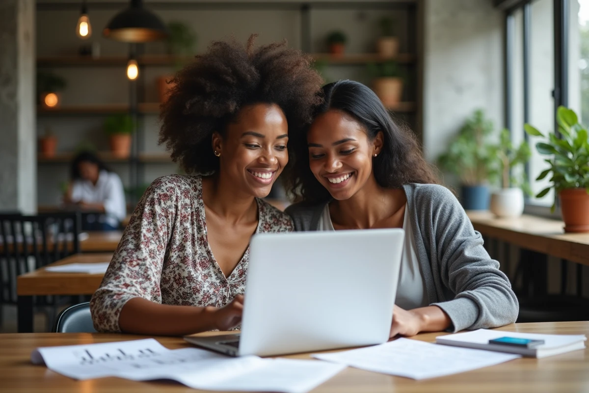 Deux femmes migrantes collaborant sur un ordinateur portable dans un espace de coworking lors d'une session de formation professionnelle