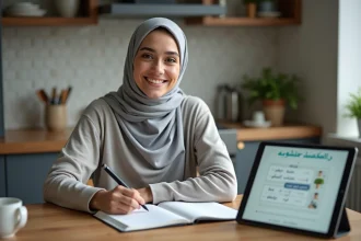Jeune femme en hijab écrivant en arabe à la maison