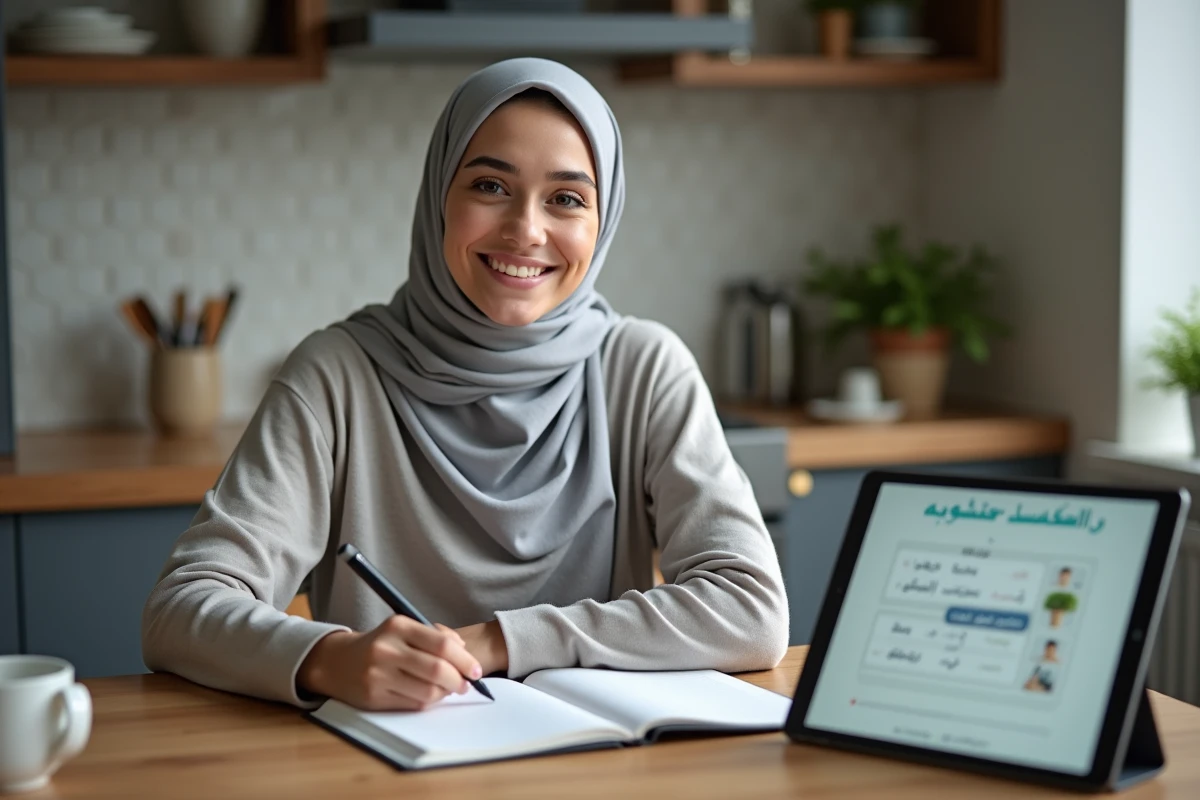 Jeune femme en hijab écrivant en arabe à la maison