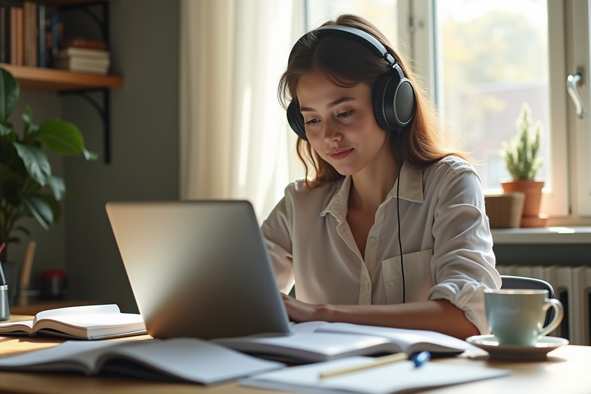 Jeune femme concentrée en apprentissage en ligne