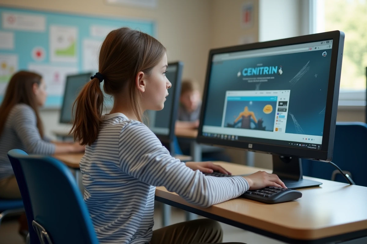 Jeune fille au lyc&eacute;e regardant un site &eacute;ducatif sur un ordinateur