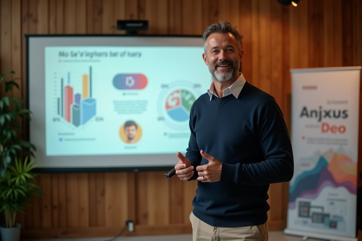 Formateur expert en digital présentant une stratégie réseaux sociaux et SEO lors d'un séminaire professionnel parisien