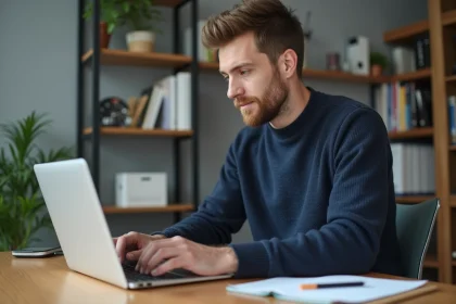 Homme consultant une formation brico en ligne via CPF sur son ordinateur portable à domicile